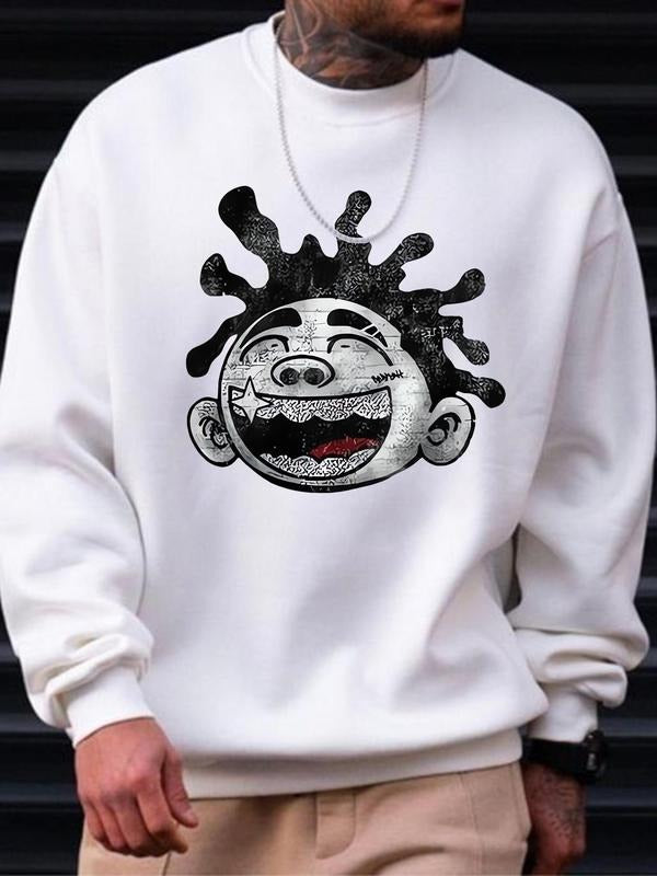 Unisex's Cartoon Face Print Drop Shoulder Sweatshirt, Regular Fit Casual Soft Comfy Long Sleeve Round Neck Pullover for...