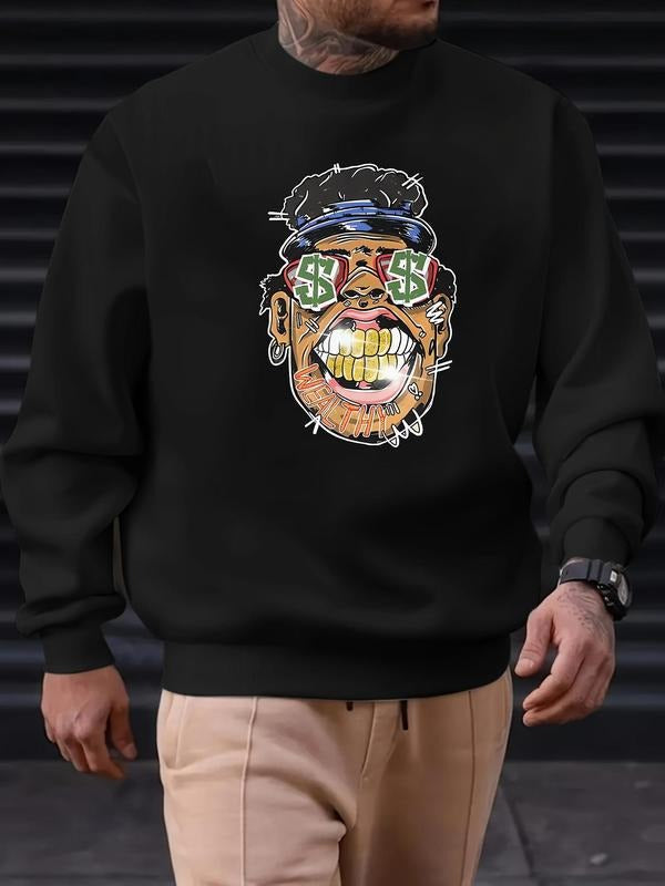 Unisex's Cartoon Face Print Thermal Lined Sweatshirt, Regular Fit Casual Long Sleeve Round Neck Pullover for Fall &...