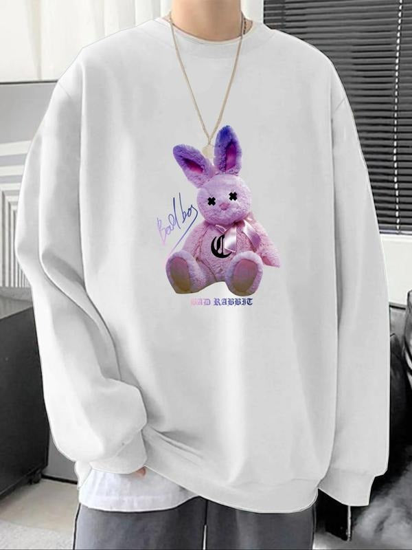 Unisex's Cartoon Rabbit Print Drop Shoulder Sweatshirt, Casual Long Sleeve Round Neck Pullover for Daily Wear, Unisex's...