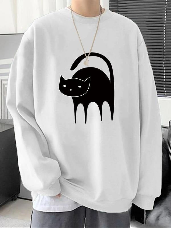 Unisex's Cat Print Drop Shoulder Sweatshirt, Casual Soft Comfy Regular Fit Long-sleeve Crew Neck Pullover for Fall &...