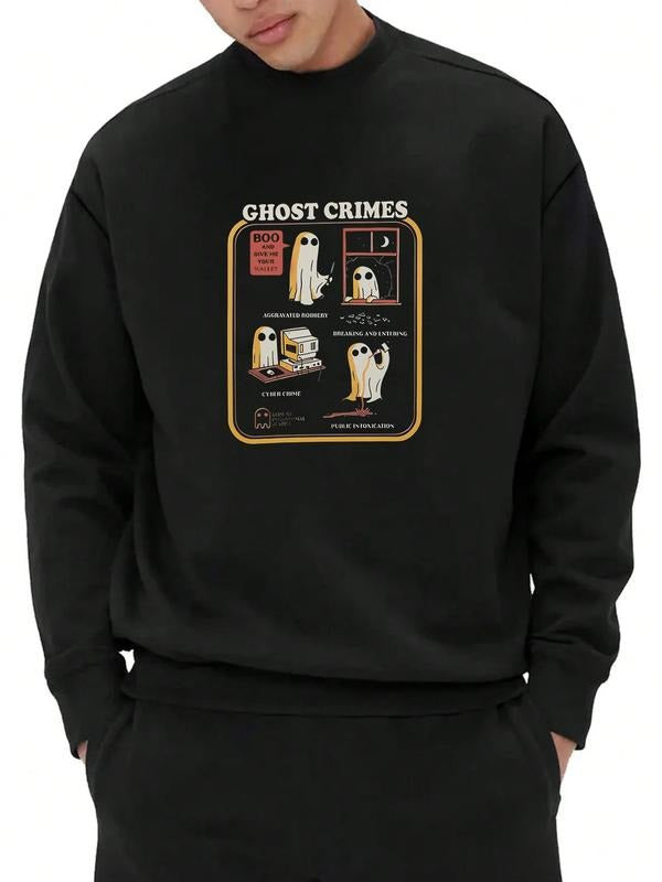 Unisex's Ghost &  Letter Print Thermal Lined Sweatshirt, Regular Fit Casual Soft Comfy Long Sleeve Round Neck Pullover...