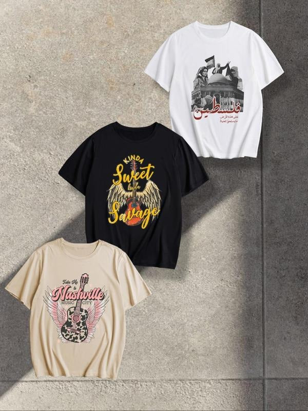 Unisex's Letter & Guitar & Wing Print Round Neck Tee, Loose Casual Short Sleeve T-shirt for Summer, Unisex's Top for...