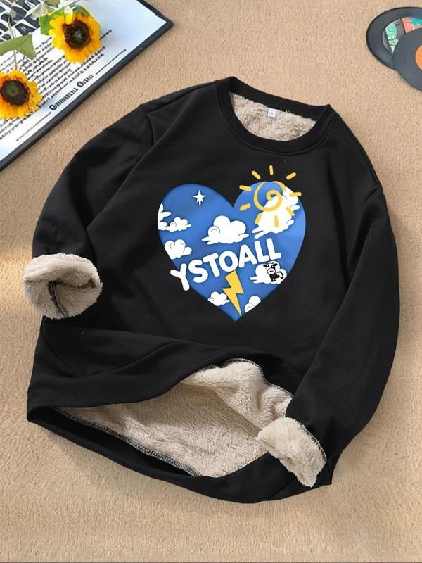 Unisex's Letter & Heart Print Thermal Lined Sweatshirt, Regular Fit Casual Soft Comfy Long Sleeve Crew Neck Pullover for...