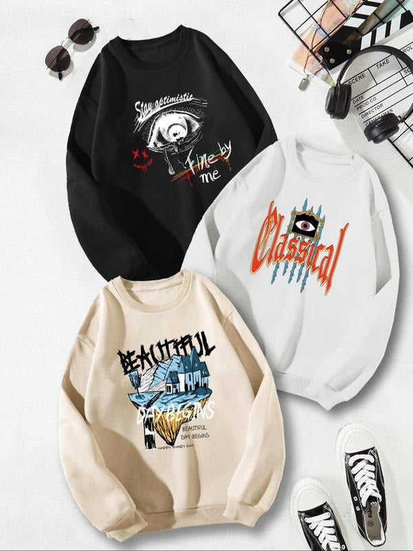 Unisex's Letter Graphic Drop Shoulder Sweatshirt, Casual Regular Fit Long Sleeve Round Neck Pullover for Fall & Winter,...