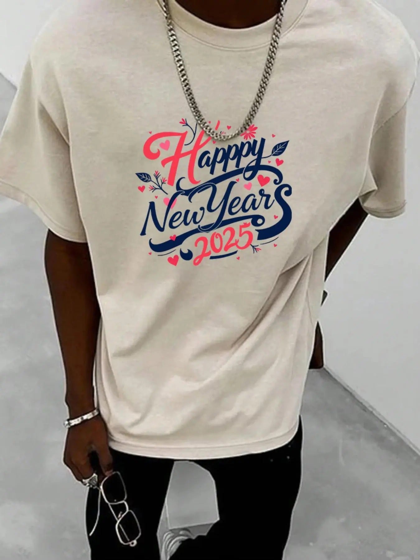 Unisex's Letter Print Round Neck Tee, Loose Casual Fashion "Happy New Year" T-shirt for Daily Wear, Men's Clothes for...