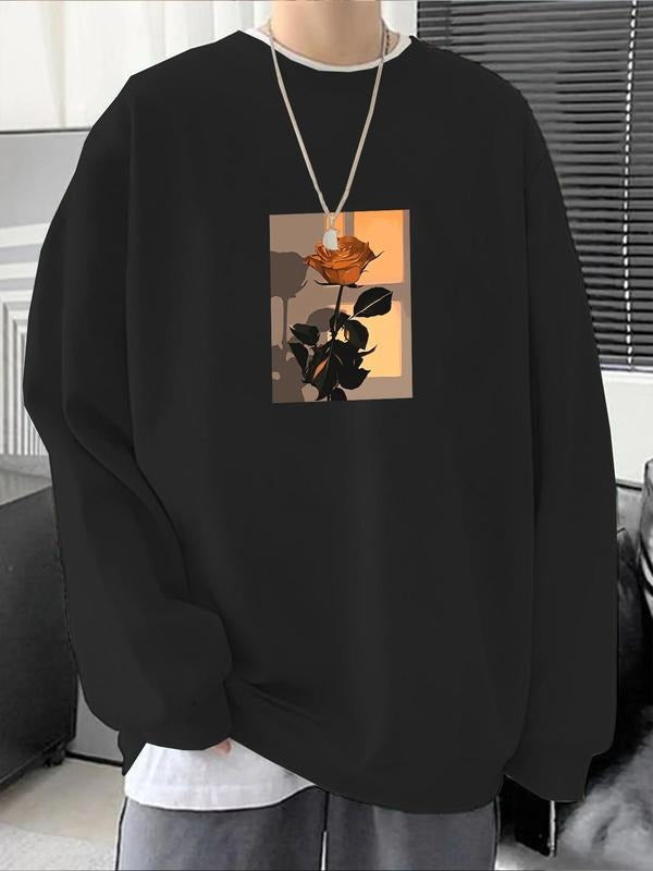 Unisex's Rose Print Drop Shoulder Sweatshirt, Regular Fit Casual Long Sleeve Round Neck Pullover for Fall & Winter, Men's...