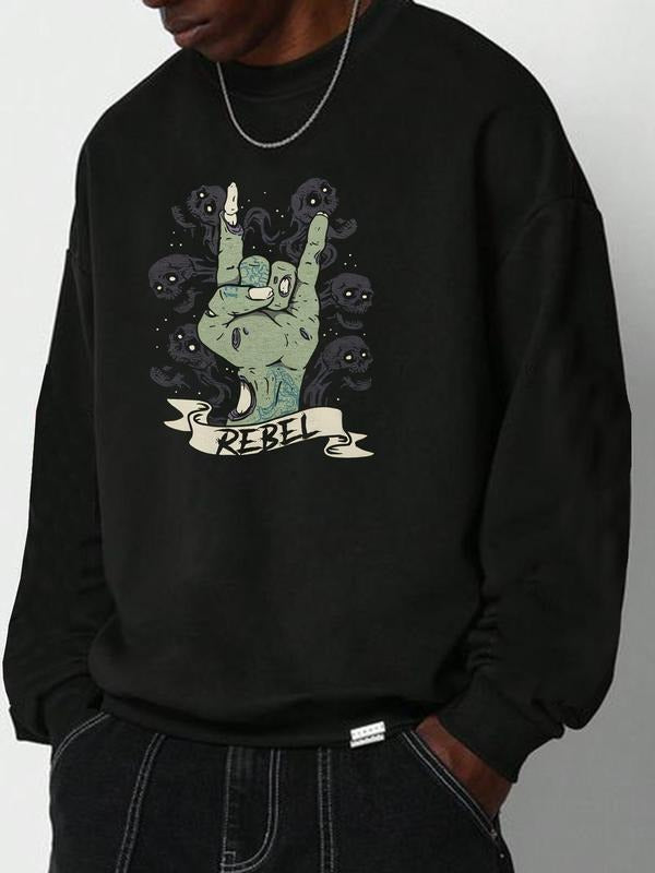 Unisex's Skull & Hand Print Drop Shoulder Sweatshirt, Regular Fit Street Fashion Soft Comfy Long Sleeve Round Neck...