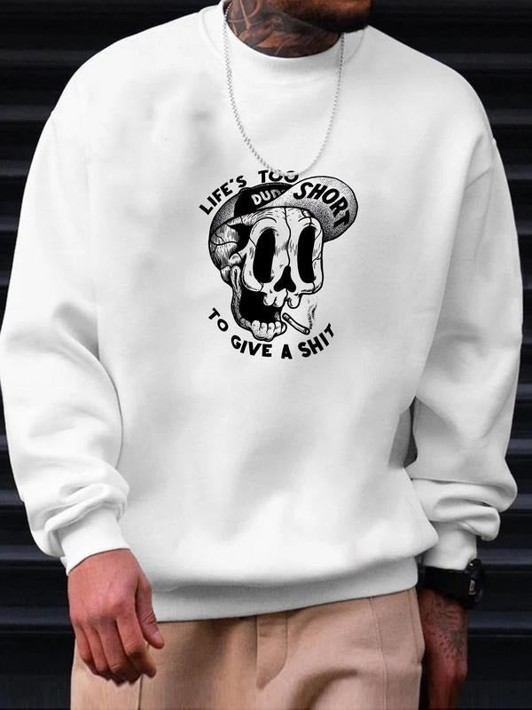 Unisex's Skull & Letter Print Drop Shoulder Sweatshirt, Regular Fit Street Long Sleeve Round Neck Pullover for Fall &...