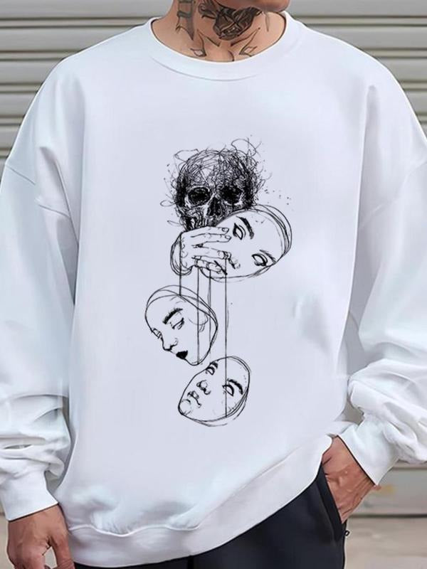 Unisex's Skull Print Drop Shoulder Sweatshirt, Regular Fit Casual Long Sleeve Round Neck Pullover for Fall & Winter,...