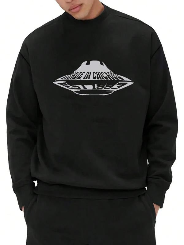 Unisex's UFO & Letter Print Drop Shoulder Thermal Lined Sweatshirt, Regular Fit Casual Soft Comfy Long Sleeve Round Neck...