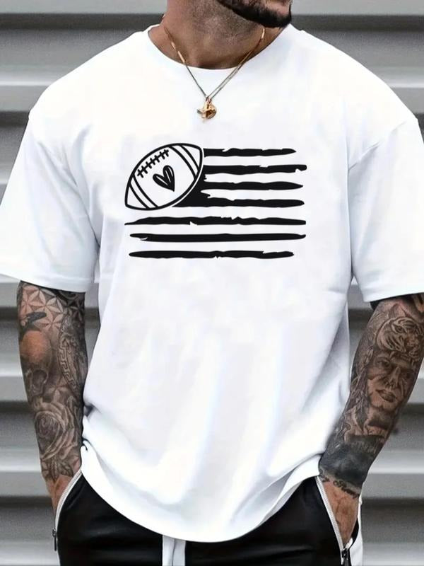 Unisex's Vintage American Flag & Rugby Print Round Neck Tee, Loose Casual Short Sleeve T-shirt for Daily Wear, Men's Top...