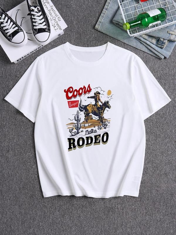 Unisex's Vintage Cowboy Graphic Print Round Neck Tee, Loose Casual Short Sleeve T-shirt for Daily Wear, Unisex's Top for...