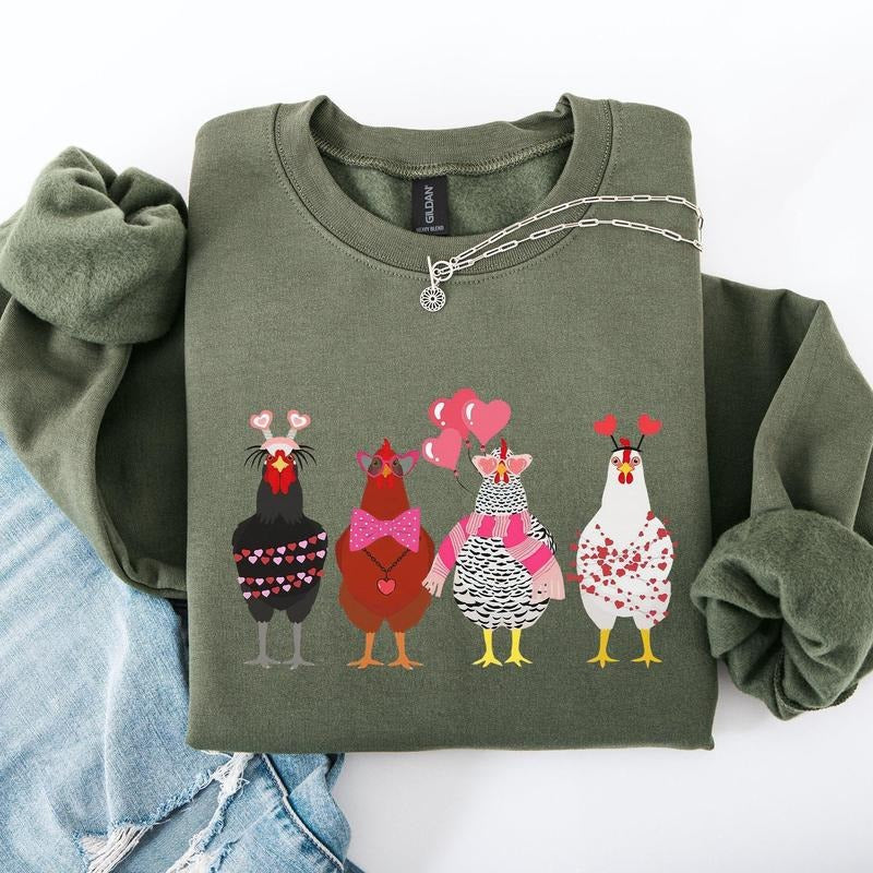 Valentine's Chickens, Cute, Farm, Love, Hearts Sweatshirt, Crew Neck, Women's, Crewneck, Valentine's Day, Love, Heart,...