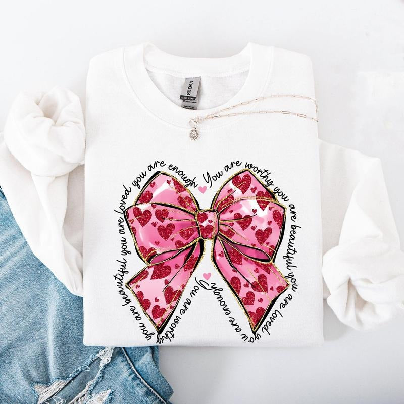 Valentine's Day Affirmations, Loved, Enough, Worthy, Positivity, Ribbon, Love, Heart Sweatshirt, Crew Neck, Women's,...
