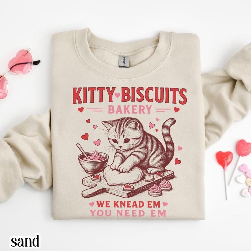 Valentines Cat Sweatshirt Kitty Biscuits Bakery Sweater Funny Vday Cat Lover Pullover Cute Kitten Baking Cookies Love...