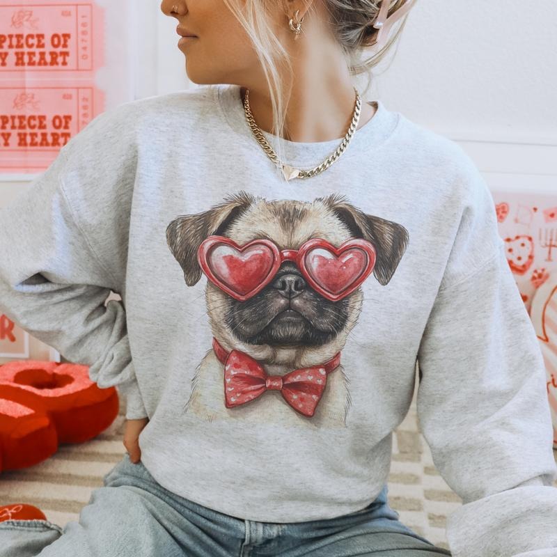 Valentines Dog Sweatshirt Heart Sunglasses Valentines Dog Breed Pullover Casual Crewneck Sublimation Womens Sweatshirt...