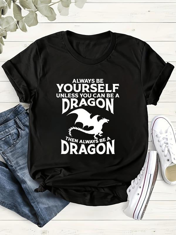 Vibrant Dragon & Letter Print Crew Neck T-Shirt