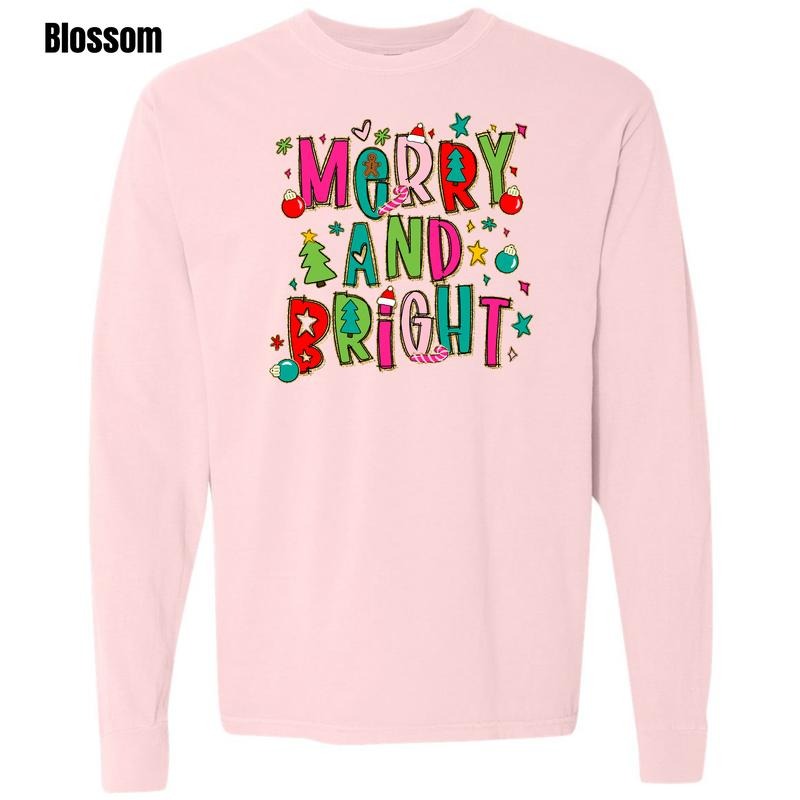 Vibrant Merry & Bright Long Sleeve Comfort Colors T-Shirt 'NLB' Hoodie, Sweatshirt | PodTeesHub.com
