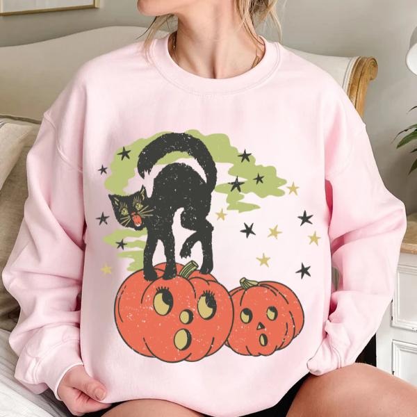 Vintage 80s Halloween Sweatshirt, Cat Mom Halloween Graphic Pumpkin Season Shirt Hoodie | PodTeesHub.com