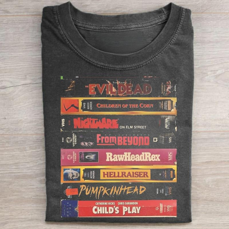 Vintage 80s Horror Cassette Tapes Graphic Tee - Evildead, Nightmare on ELM Street, Hellraiser, Pumpkinhead Shirt -...