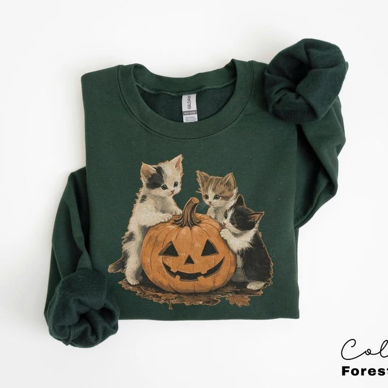 Vintage 90s Cat Halloween Sweatshirt, Retro Halloween Shirt, Spooky Season Tee, Pumpkin Shirt, Cat Lover Shirt, Black...