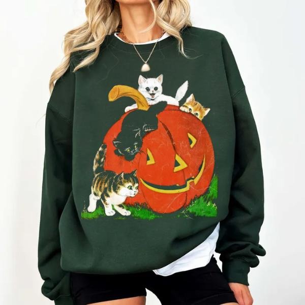Vintage 90s Cat Halloween Sweatshirt, Spooky Season Pumpkin Shirt, Black Cat Season Sweatshirt Hoodie | PodTeesHub.com