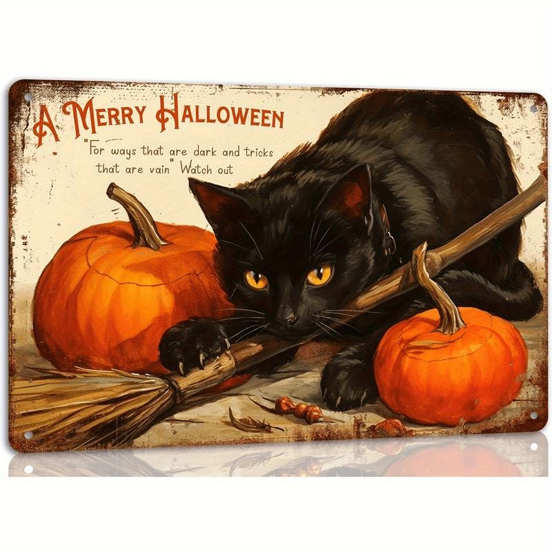 Vintage Black Cat & Pumpkin Metal Wall Art - 8x12 Inch Rustic Iron Halloween & Christmas Decor, Easy Hang with...