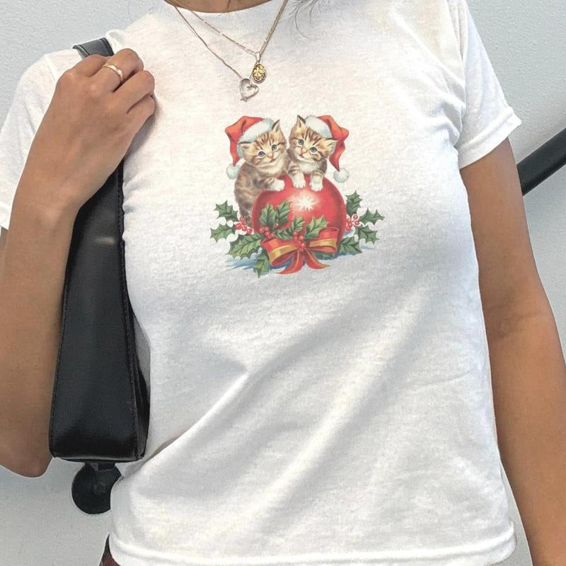 Vintage Christmas Cat Baby Tee, Holiday Season Outfit, Cute Y2K Retro Style, Women's Fitted Baby Tee, Coquette Graphic,...