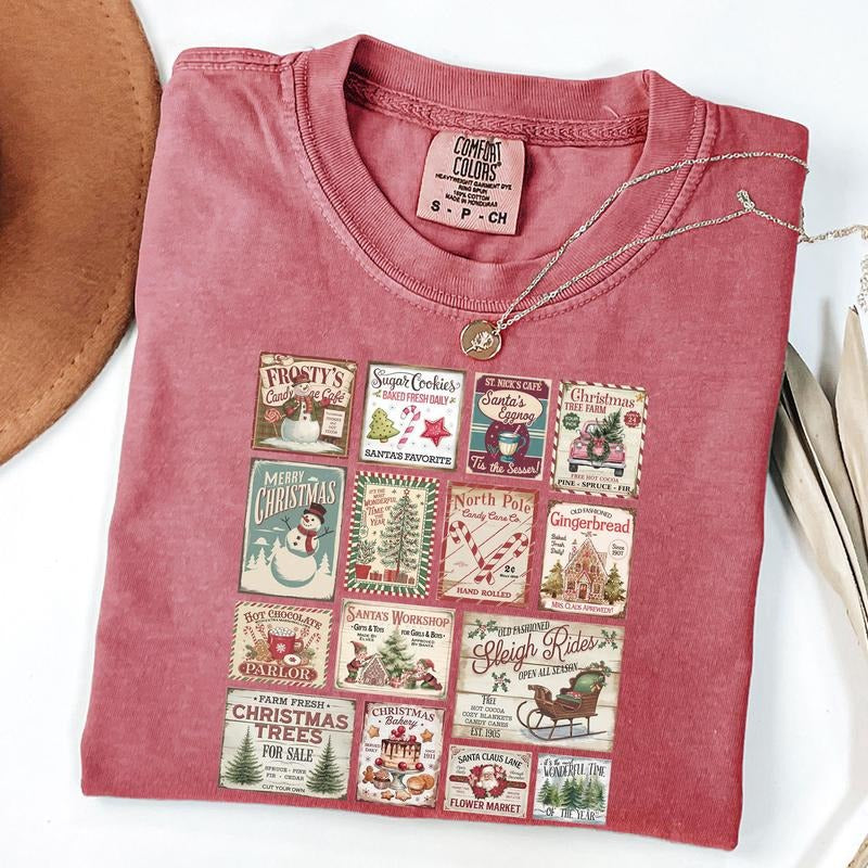 Vintage Christmas Shirt Womens Christmas Vibes Shirt Christmas Stamps T-Shirt Retro Holiday Party Tee Festive Winter...