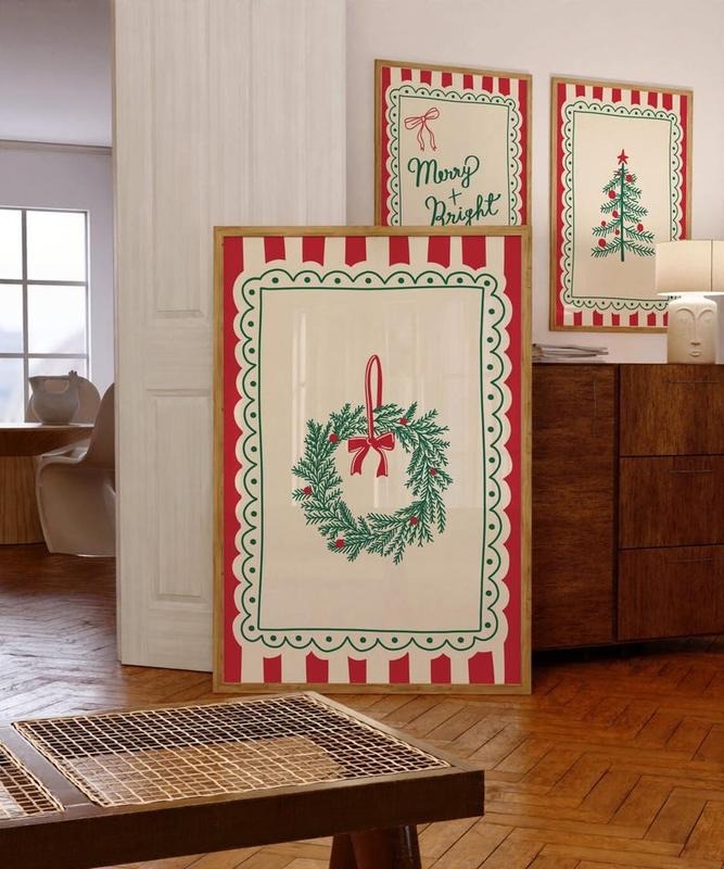 Vintage Christmas Wall Art Poster, Whimsical Christmas Wreath Print, Trendy Holiday Wall Art, Cute Christmas Art Print...
