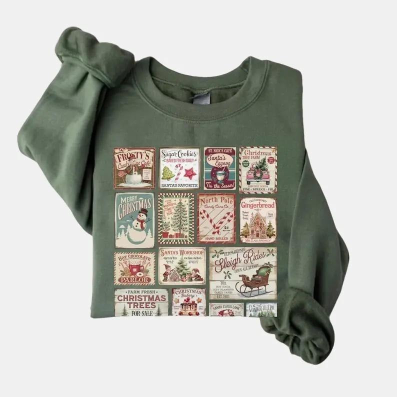 Vintage Christmas sweatshirt with retro holiday vibes, Santa Claus, festive stamps, and Christmas tree design, perfect...