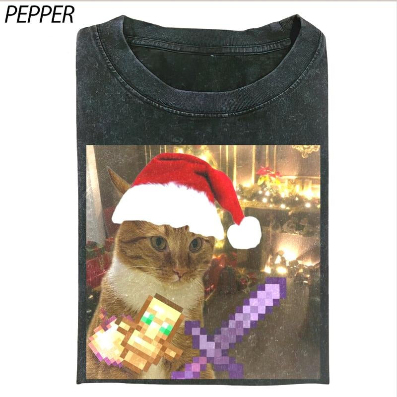 Vintage Craft Cat Christmas T-Shirt, Funny Cat Meme Shirt, Santa Cat Tee, Christmas Gift for Gamers, Santa Cat, Merry...