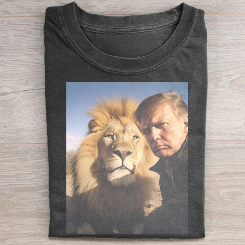 Vintage Donald Trump Selfie with Lion Graphic Tee - Unisex Meme Cringe Funny Shirt