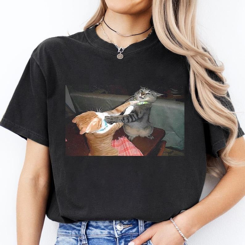 Vintage Fighting Cat Shirt, Funny Cat Silblings Shirt, Meme Cat TShirt, Cat Lover Gift Tee, Gen Z Shirt, Stupid Gift...