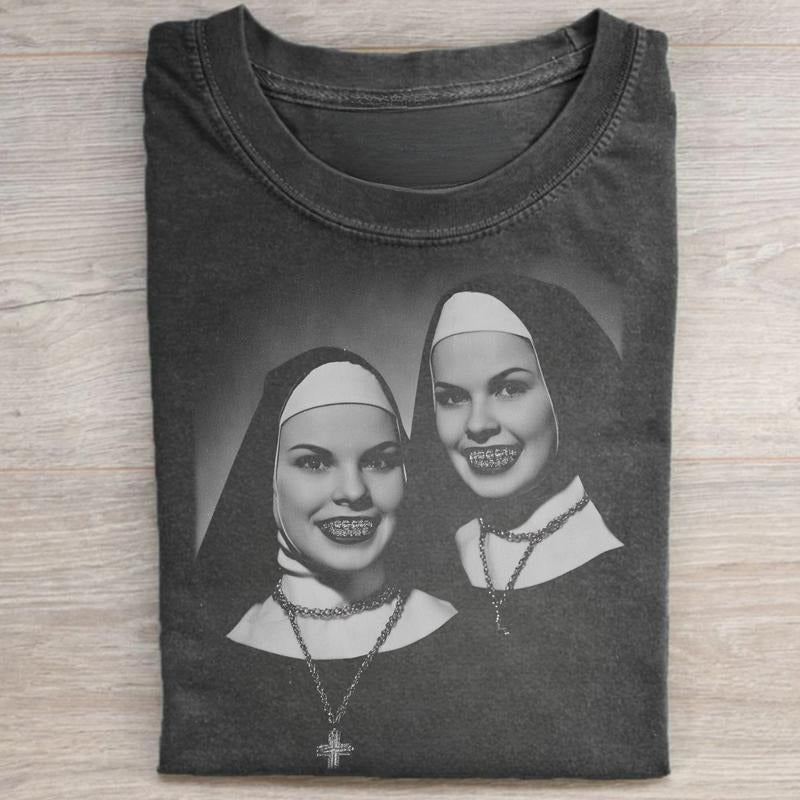 Vintage Funny Naughty Nuns Graphic Tee - Grillz Geng Shirt - Ice Geng - AI Funny Parody Shirt