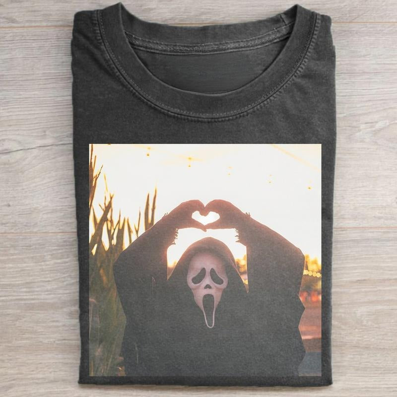 Vintage Ghostface Heart Hands Graphic Tee - Scream Movie Shirt - Horror Movie Shirt - Cute Halloween Art - Trick or Treat