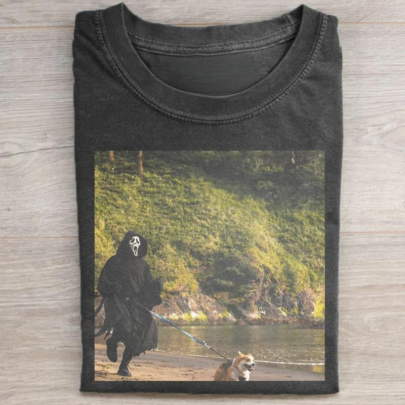Vintage Ghostface Morning Walk with a Corgi Graphic Tee - Scream Movie Shirt - Horror Movie Shirt - Cute Halloween Art -...