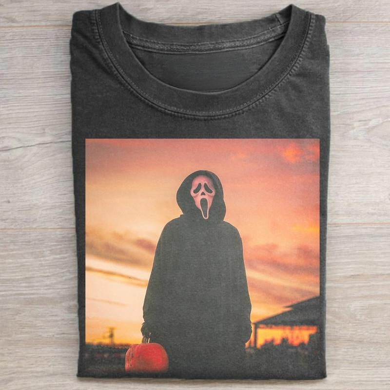 Vintage Ghostface with Pumpkin Under Sunset Graphic Tee - Scream Movie Shirt - Horror Characters Tee - Woodsboro Horror...