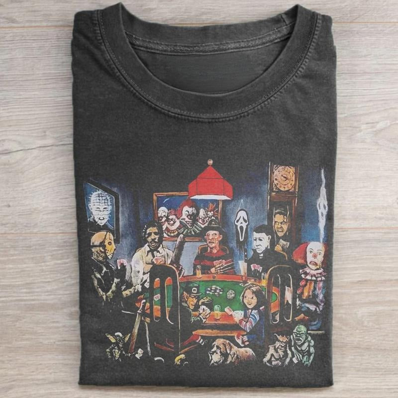 Vintage Halloween Villains Playing Poker Graphic Tee - Funny Poker Tshirt - Horror Movie Shirt - Jason Voorhees, Freddy...