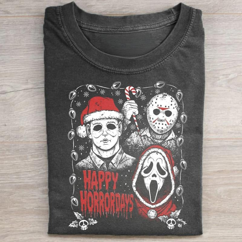Vintage Happy Horrordays Graphic Tee - Ghostface, Michael Myers, Jason Voorhees Shirt - Horror Characters Tee - Cute...