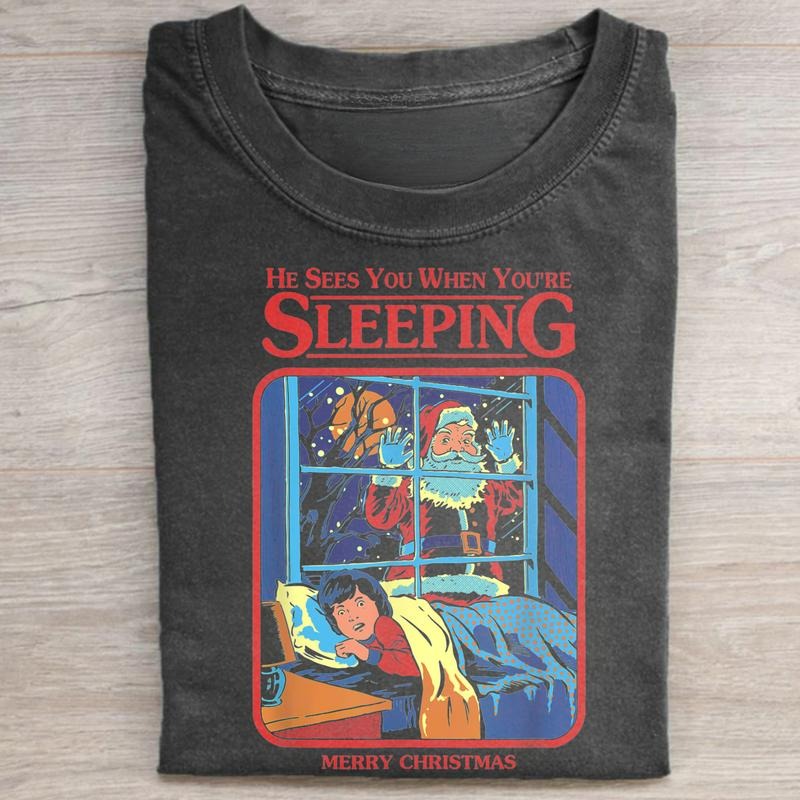 Vintage He Sees You When You're Sleeping Graphic Tee - Funny Merry Christmas Shirt - Santa Claus - Cute Xmas Shirt -...