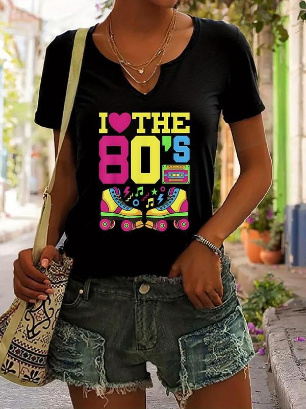 Vintage I Love the 80's Graphic T-Shirt for Women, Casual Fitted V-Neck Summer Short Sleeve Top, Trendy Ladies Wear...