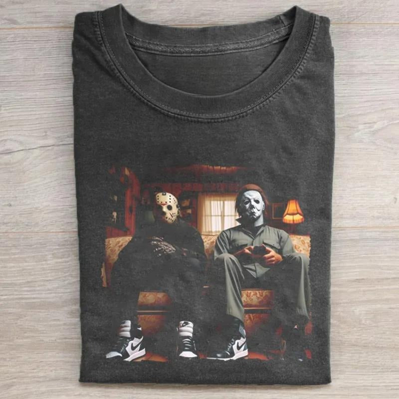 Vintage Jason Voorhees and Michael Myers Playing Game Graphic Tee - the Friday the 13th Movie Shirt - Halloween Movie...