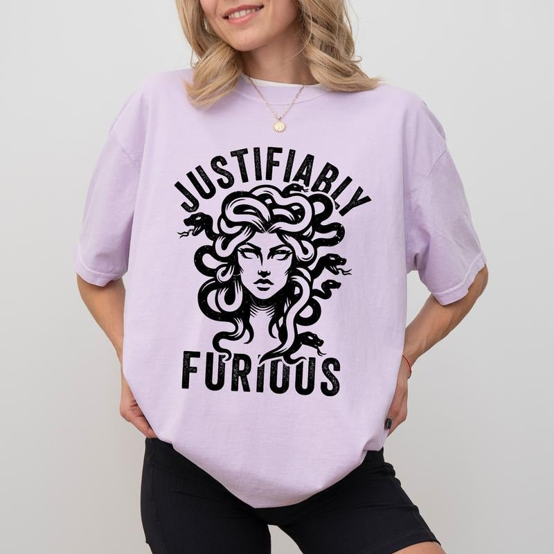 Vintage Justifiably Furious Comfort Colors Shirt, Retro Women Rage Graphic Tee, Greek Mythology Feminist Unhinged Tees,...