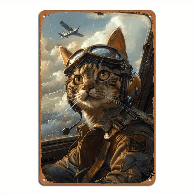 Vintage Metal Cat Pilot Wall Art Aero Themed Decoration For Home And Cafe Waterproof Weather Resistant 8x12 Inches...
