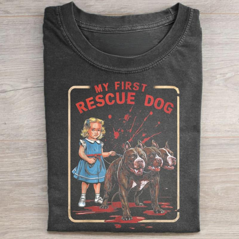 Vintage My First Rescue Dog Graphic Tee - Horror Dark Humour Shirt - Halloween Shirt - Spooky Season - Trick or Treat -...