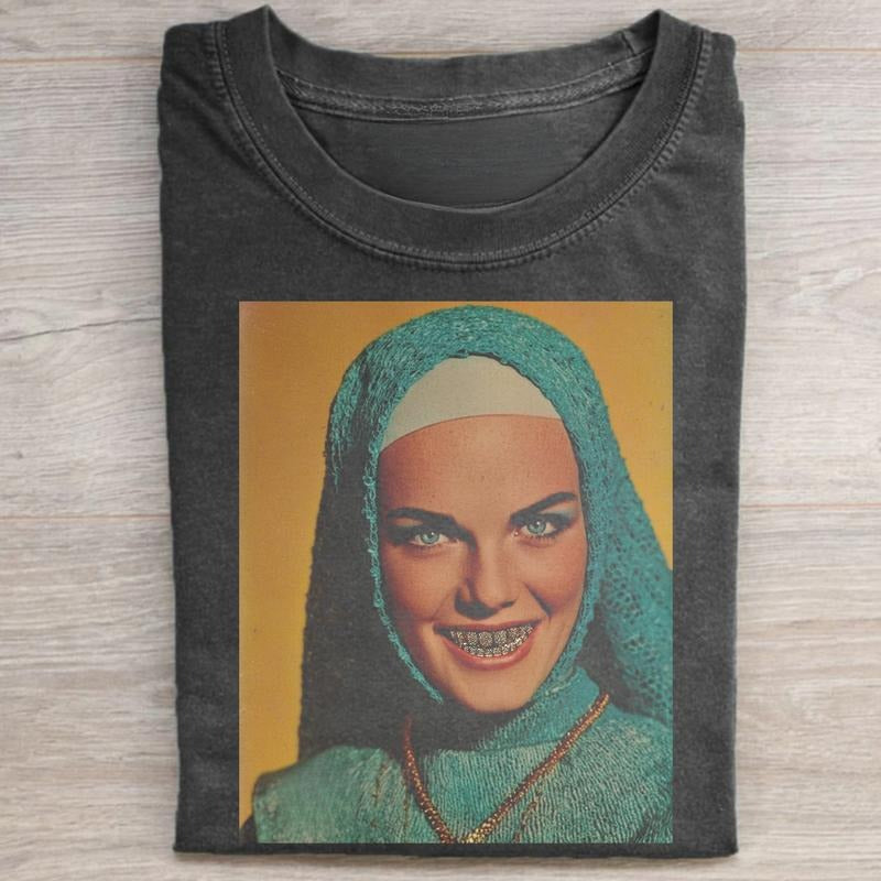 Vintage Naughty Nun with Grillz Graphic Tee - Grillz Geng Shirt - Ice Geng - AI Funny Parody Shirt