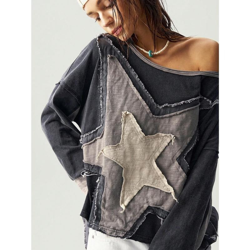 Vintage Oversized Tshirts Y2K Star Long Sleeve High Low Loose Fit Tee Tops Streetwear Hoodie, Sweatshirt | PodTeesHub.com