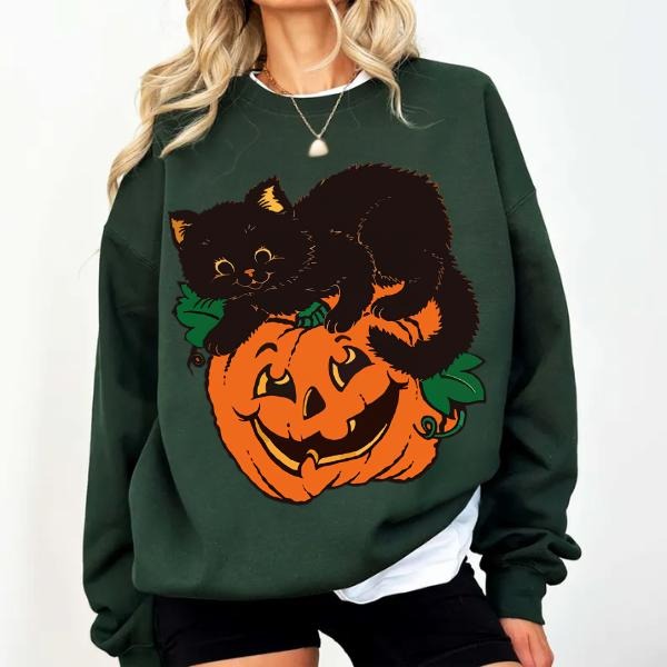 Vintage Pumpkin and Black Cat Halloween Unisex Sweatshirt, Spooky Season Pumpkin Shirt Hoodie | PodTeesHub.com