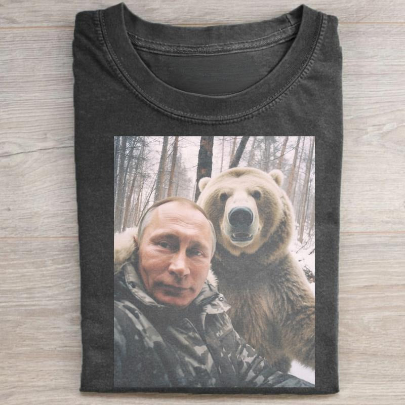 Vintage Putin Selfie with Bear Graphic Tee - Russia President Tee - Vladimir Putin Shirt - Offensive Meme Tee - Unisex...